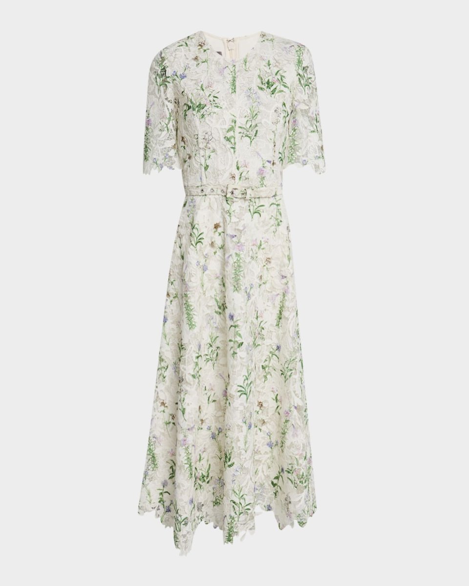 Floral-Print Lace Short-Sleeve Midi Day Dress With Belt